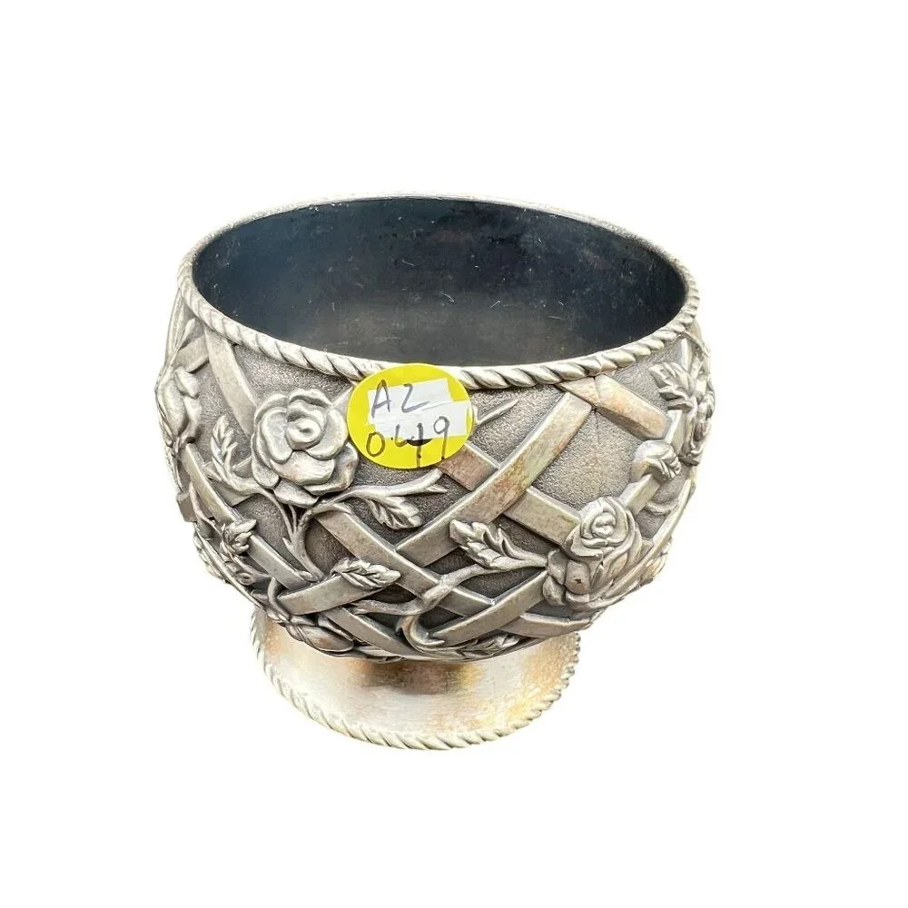 Vintage Pewter Trinket Dish Vase Intricate Trellis Climbing Rose Basket Weaved